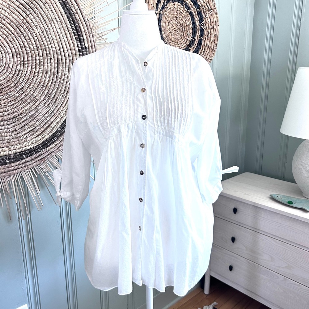 Veneta Steed Australia White Cotton Pintuck Pleated Tunic Blouse Tie Cuff XL